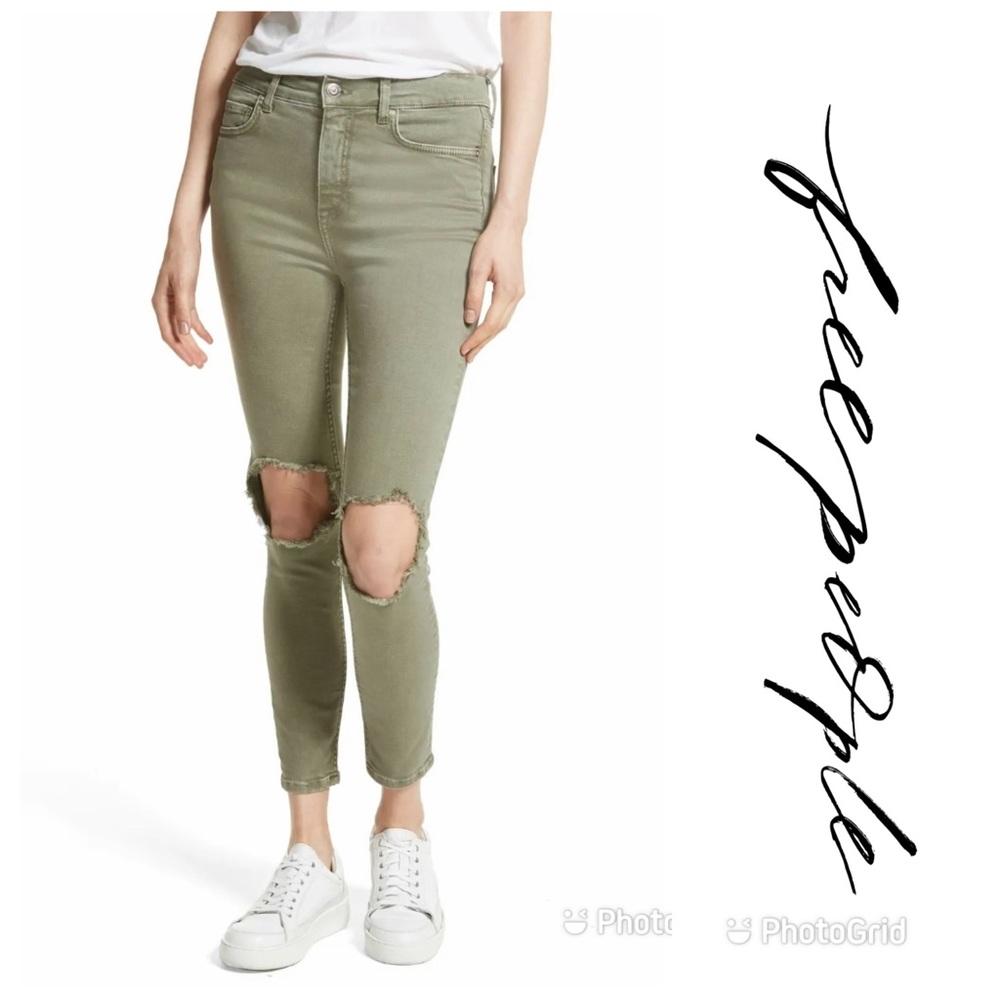 FREE PEOPLE Jeans Women’s 29 Green High Rise Skinny Ankle Distressed LIKE NEW